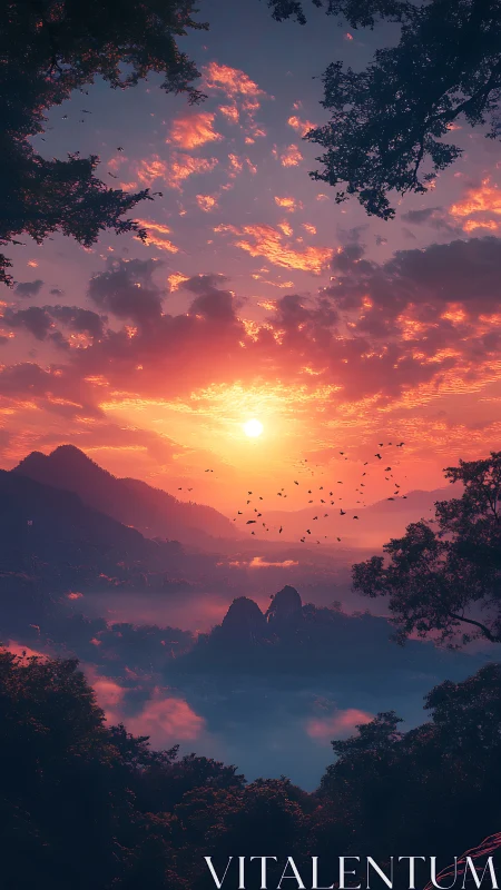 Vertical digital landscape at sunset with layered misted ranges.