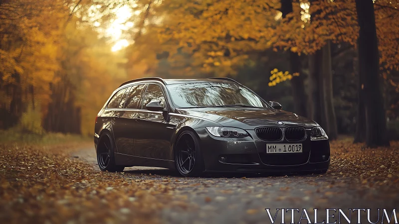Lowered BMW touring wagon parked on leaf-covered forest road in autumn