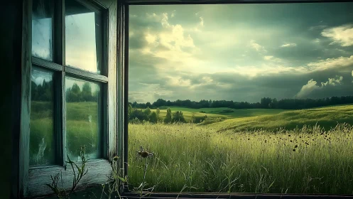 Sunlit meadow stretches beyond an old weathered window frame.