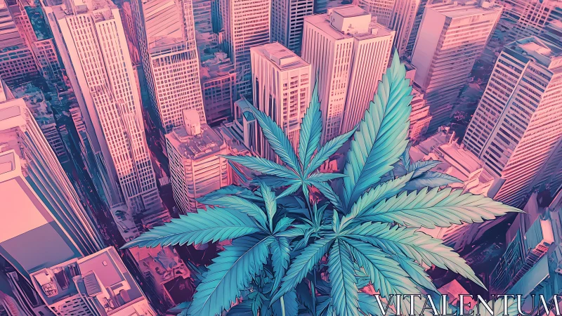Cannabis leaves over stylized high rise cityscape at dusk.