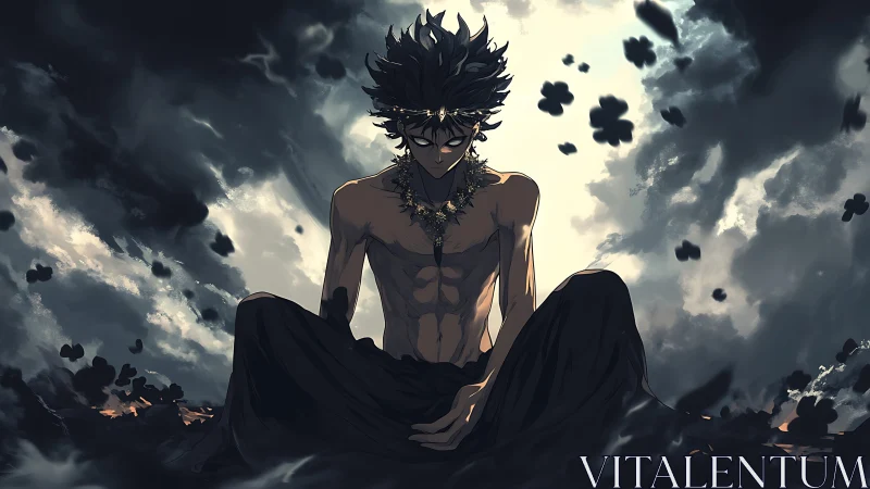 Male figure sits centrally amid swirling dark cloud forms