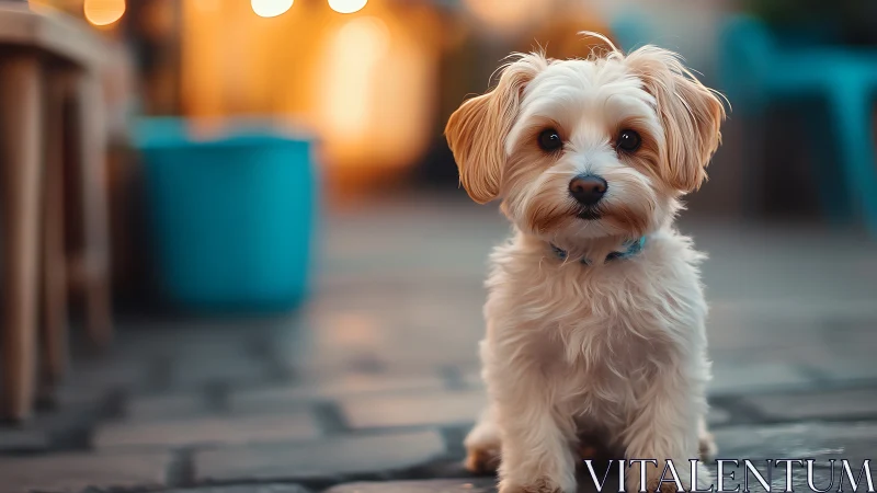 Small fluffy dog sitting on paved street at dusk.