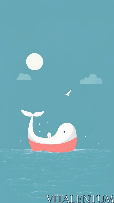 Minimal whale boat carries tiny passenger under pale sun