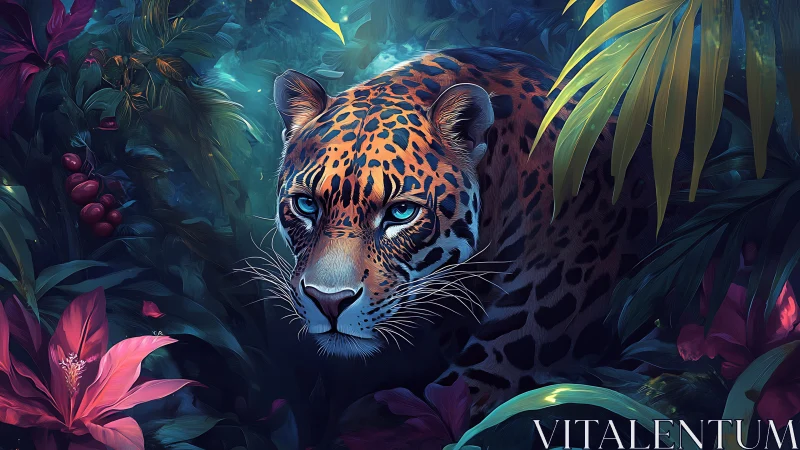 Jaguar Portrait in Luminous Jungle Foliage