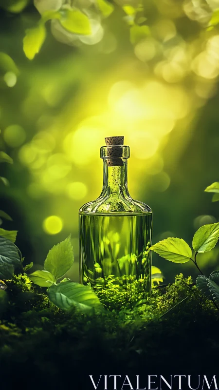 Glass bottle with green liquid in dense forest foliage.