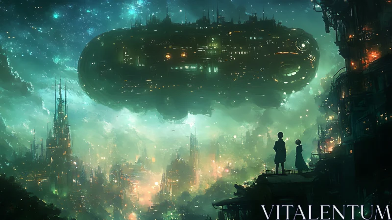 Massive starship hovers over dense neon-lit sci fi city