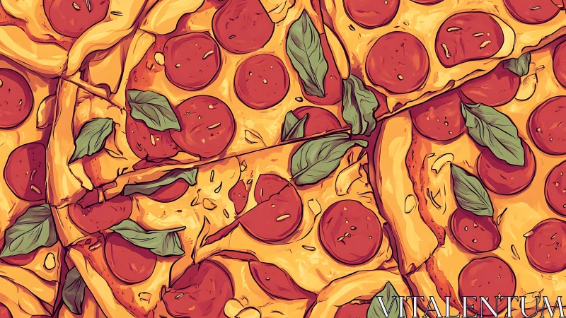Digital painting of overlapping pepperoni pizza slices pattern.
