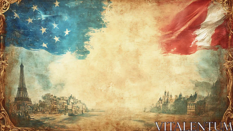 Vintage Franco-American skyline under merged flags.