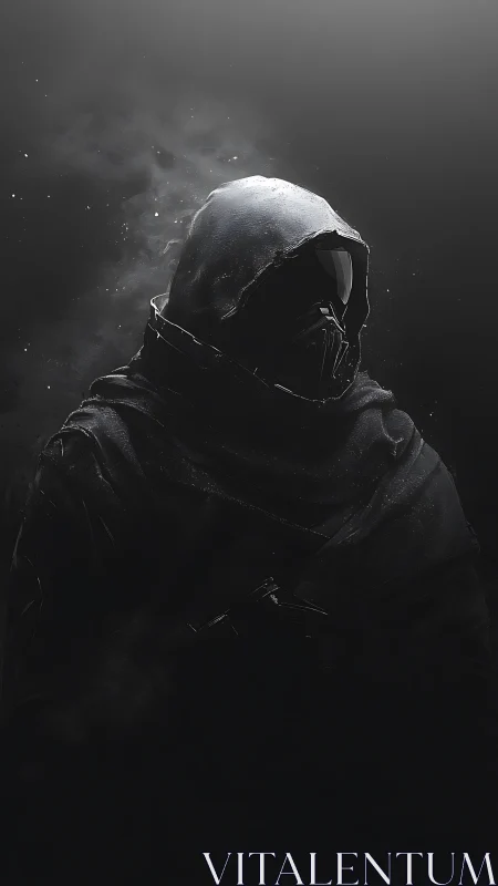 Hooded cyber warrior emerges from shadowed digital mist.