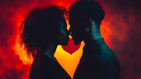 Silhouetted Couple Embrace with Luminous Heart Geometry.