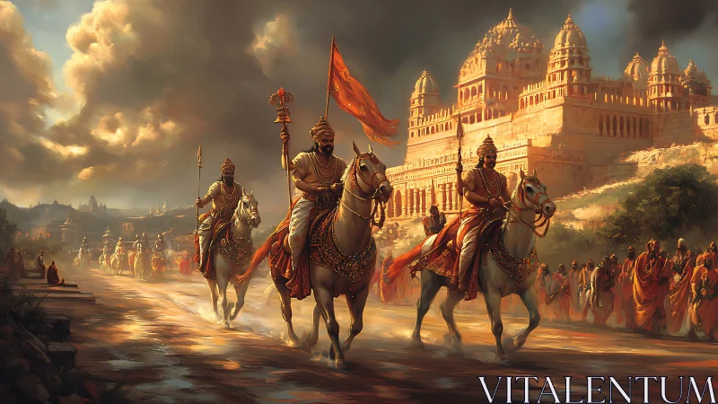 Royal horsemen lead procession before grand sandstone citadel.