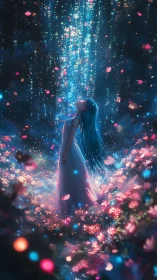 Anime nocturnal bloom with luminous particle cascade composition.
