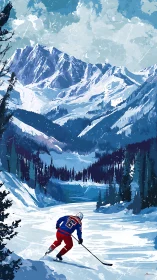 Alpine Hockey Player Navigating Snowy Mountain Wilderness.