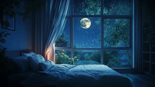 Moonlit bedroom interior with large night sky window.
