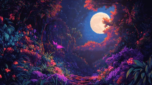 Luminescent Nocturnal Forest Rendered with Vibrant Bioluminescent Flora and Celestial Illumination