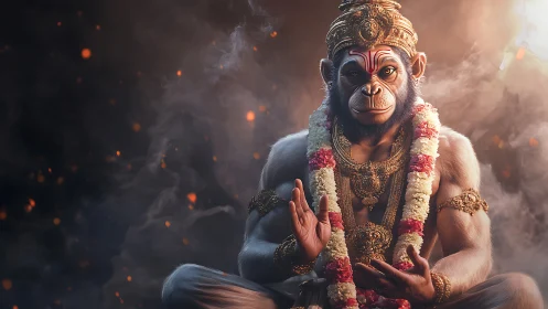 Divine monkey sage glows amid embers and swirling incense.