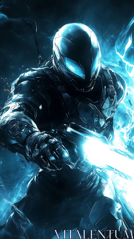 Armored sci fi soldier advances with energized melee weapon