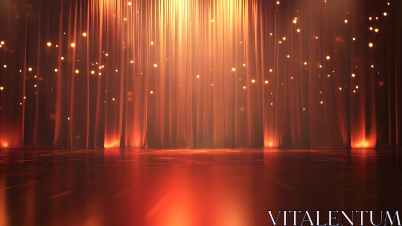 Elegant Theater Stage with Glowing Curtains in Warm Lighting.
