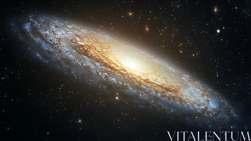 Spiraling starlit galaxy glows warmly in the quiet night sky