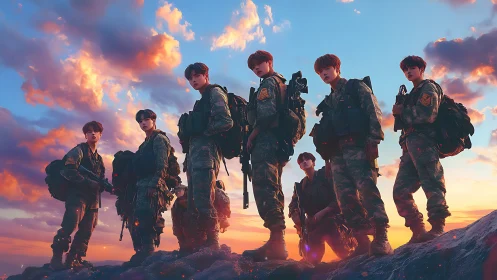 Digital military squad at sunset with cinematic composition.