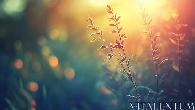 Sunlit meadow stems whisper softly into molten evening