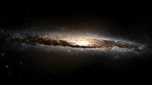 Edge-on spiral galaxy with luminous stellar core in deep space.
