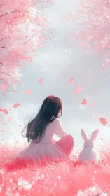 Girl and white rabbit in ethereal pink blossom meadow.