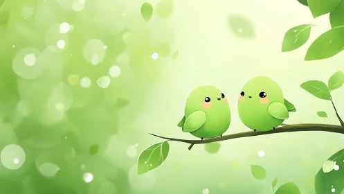 Two Cute Green Birds on a Branch in Soft Pastel Cartoon Style.