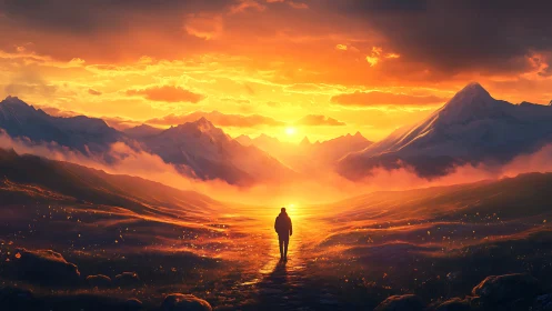 Lone wanderer crossing a molten sunrise between silent peaks.