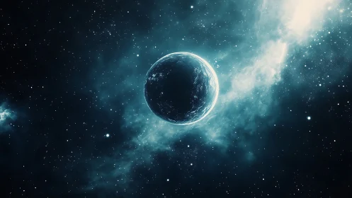 Gentle blue planet drifting through a quiet starry cosmos.