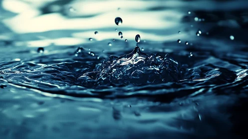 Crystal water droplet crowns rise from a tranquil blue surface