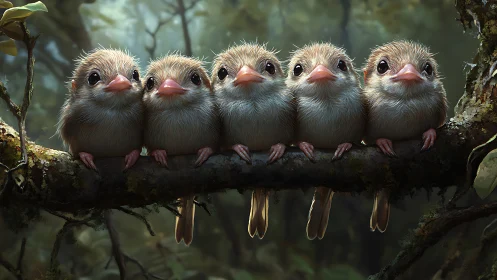 Five adorable fluffy baby birds perched on a branch, digital art style.