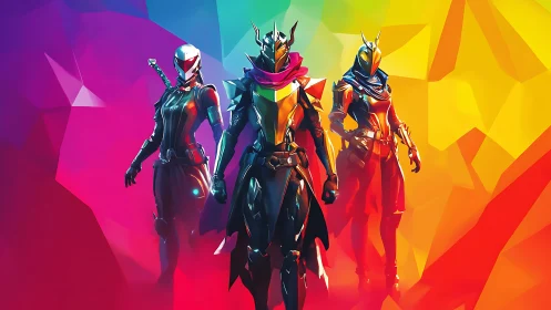 Armored trio in neon sci fi suits against prismatic backdrop.
