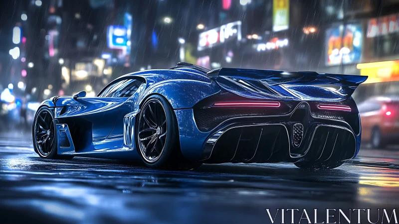 Electric blue hypercar slices through neon city rain.