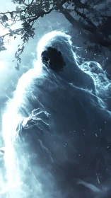 Translucent hooded specter in mist-filled forest clearing.