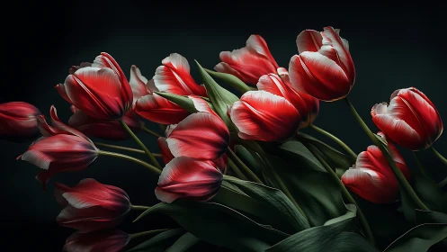 Red and White Tulips Against Dark Background