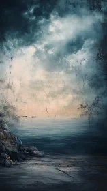 Rock shoreline under overcast sky with textured overlay.