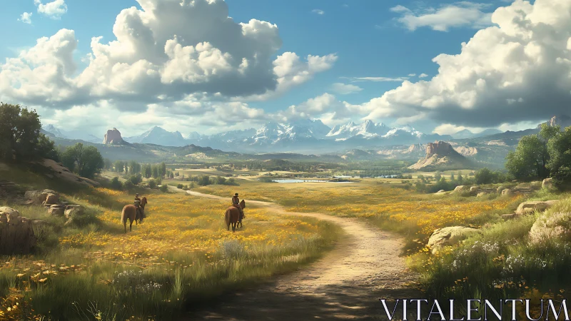 Riders following dirt path through wide mountain valley landscape.