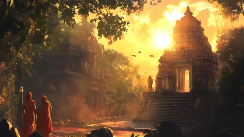 Golden sunrise bathes jungle temple and robed monks.