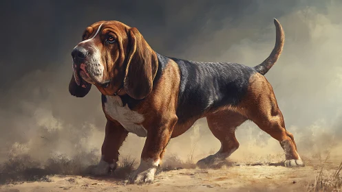 Majestic basset hound strides through a windswept sandy haze