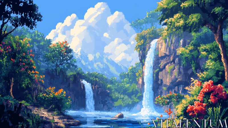 Sunlit pixel waterfalls in a bright mountain valley.