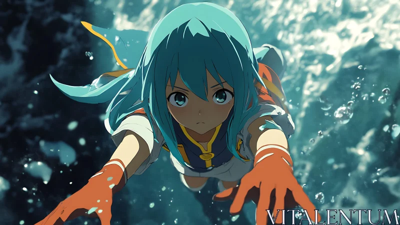 Blue-haired diver reaches through storm-tossed seawater sky.