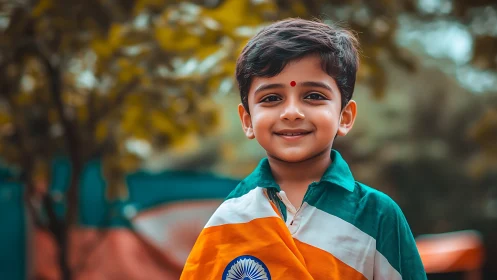 Young Child Wearing Indian Tricolor Flag in Outdoor Natural Setting