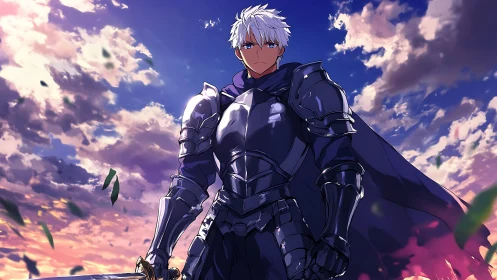 Silver-haired knight in dark armor under vivid sunset sky.