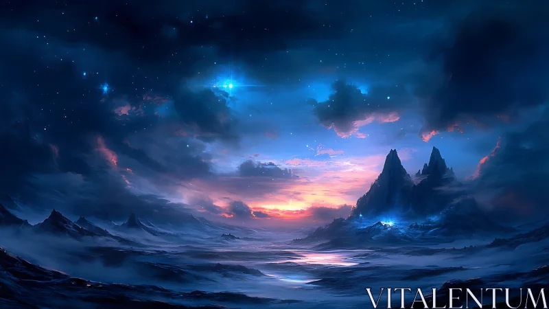 Twilight glaciers cradle a newborn star over silent seas