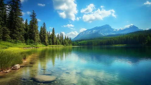 High-altitude conifer lake with glassy reflections and peaks