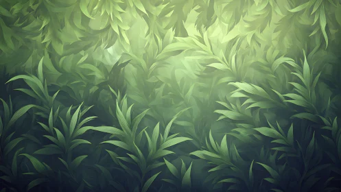 Soft green jungle leaves merge into a tranquil abstract haze