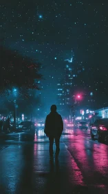 Silhouetted lone figure walks through neon soaked rainy street