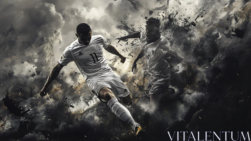 Dynamic soccer players in smoky abstract action scene.