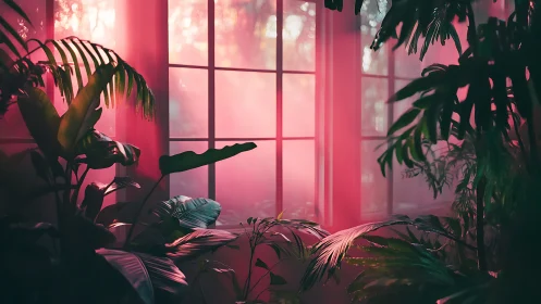 Soft sunrise glows through lush indoor jungle leaves